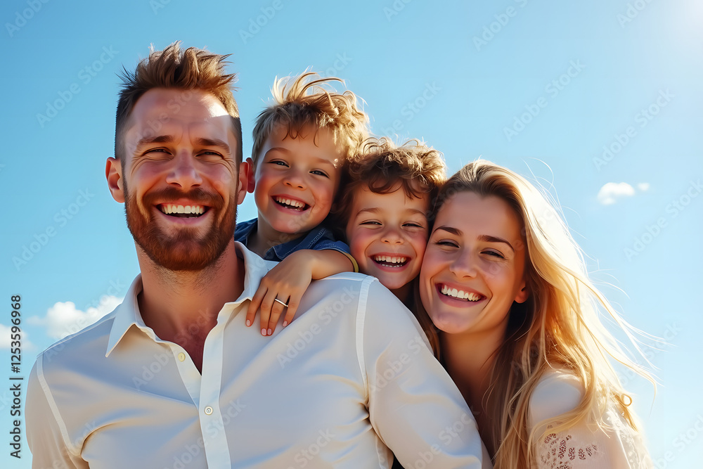 A candid outdoor family portrait of parents with their two kids, displaying joy and togetherness. A candid outdoor family portrait of parents with their two kids, displaying joy and togetherness.