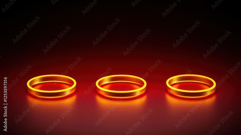 Three Glowing Gold Rings on Dark Red Background Three Glowing Gold Rings on Dark Red Background