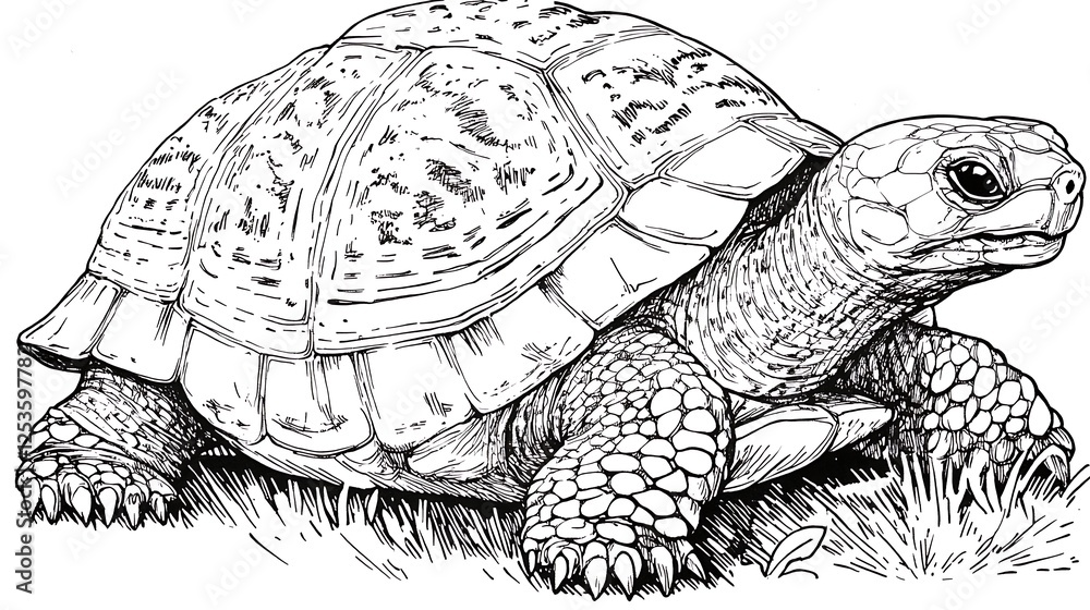 Fototapeta premium Detailed illustration of a tortoise resting on grass, showcasing its textured shell and natural habitat