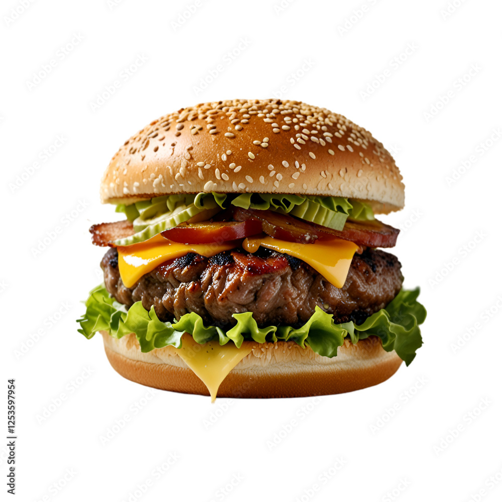 A savory double decker burger with cheese burger on transparent background, Junk Food and Fast Food Restaurants A savory double decker burger with cheese burger on transparent background, Junk Food and Fast Food Restaurants