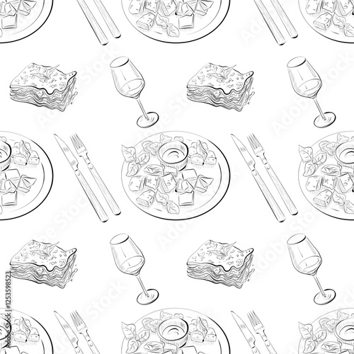 vector seamless pattern line art elements - food, cuisine