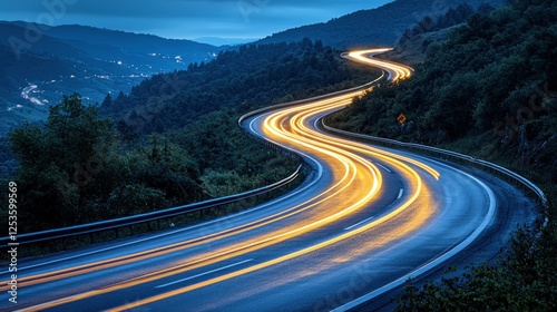 Winding mountain road at night, light trails, village background; travel, adventure