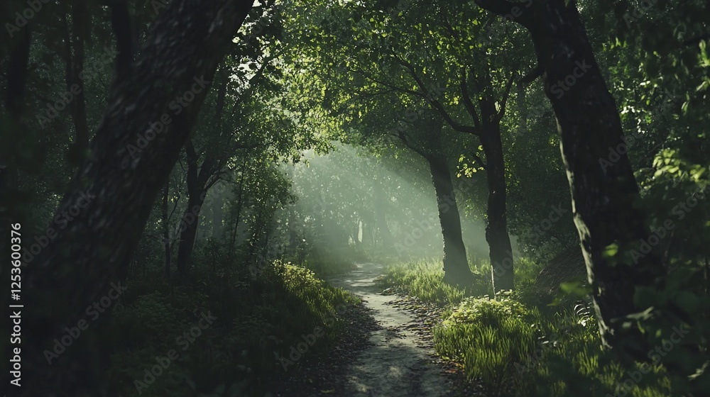 Sunlight streams through a dense forest onto a dirt path shrouded in mist and green trees Sunlight streams through a dense forest onto a dirt path shrouded in mist and green trees