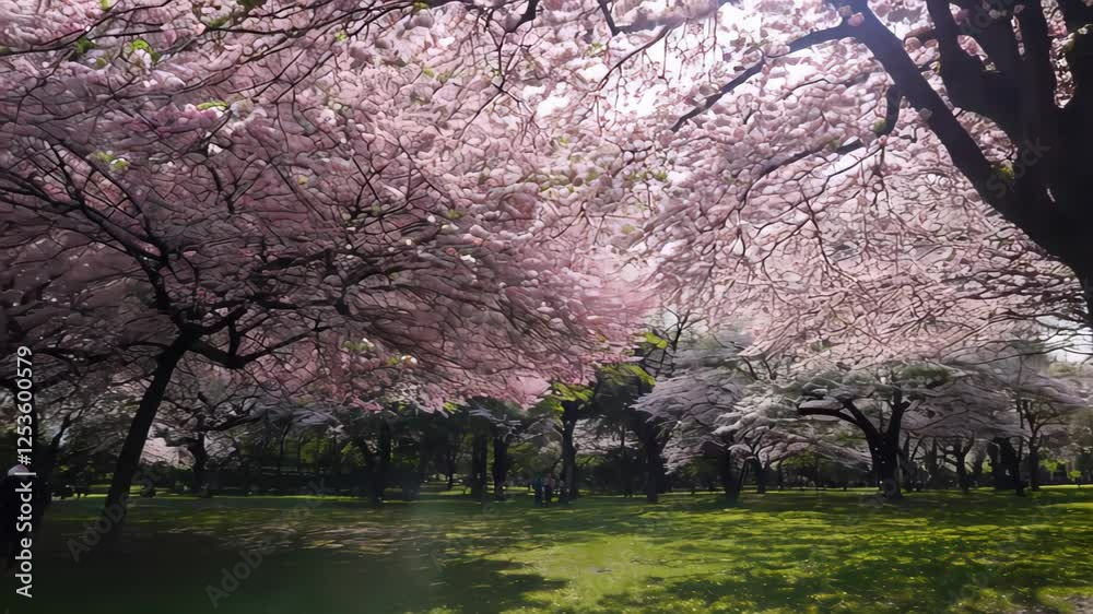Cherry blossom trees bloom in springtime park showcasing vibrant colors and serene landscapes, Visitors stroll beneath a canopy of cherry blossom trees, enjoying the lush green grass Cherry blossom trees bloom in springtime park showcasing vibrant colors and serene landscapes, Visitors stroll beneath a canopy of cherry blossom trees, enjoying the lush green grass