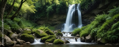 Waterfall cascading through a lush green forest in Juzet de Luchon, France , waterfall, water