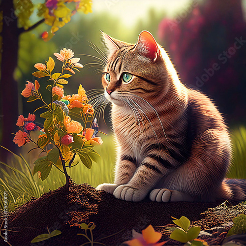 Firefly A cat sits on the ground to plant a tree with beautiful colored flowers