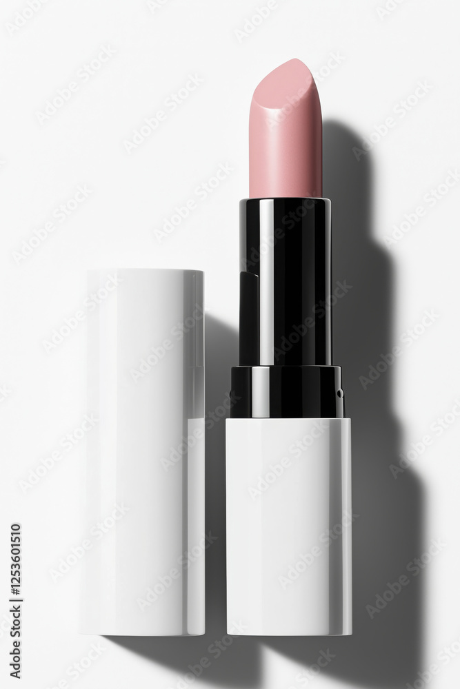 Obraz premium Close-up image of a pink lipstick in a white case