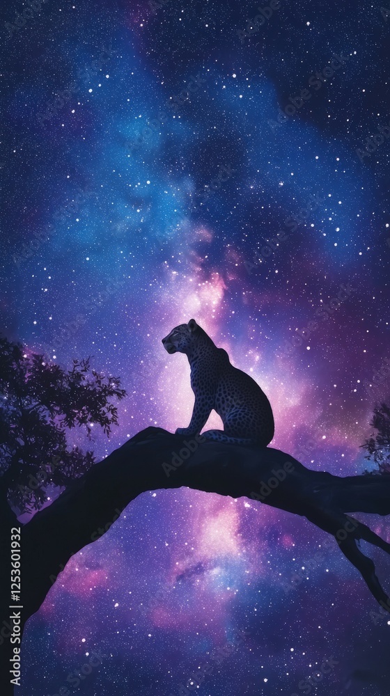 Leopard resting on a branch under a starry sky Leopard resting on a branch under a starry sky