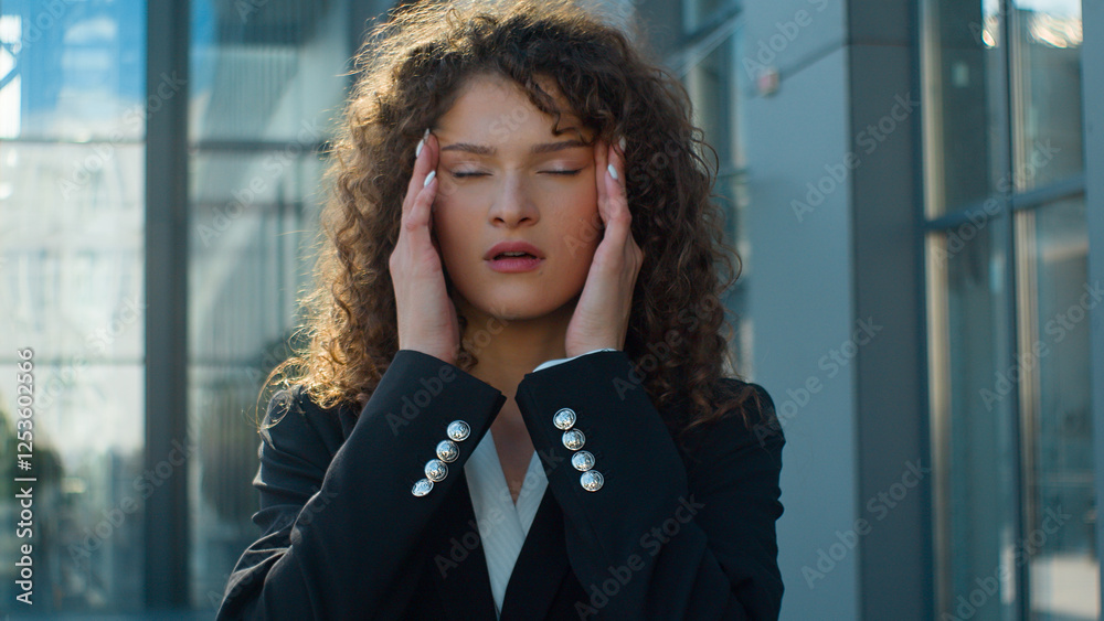 Sick Caucasian girl business woman unhealthy ill female feel headache suffer migraine bad feelings in city outdoor tired exhausted businesswoman in formal suit touch painful head stress health problem Sick Caucasian girl business woman unhealthy ill female feel headache suffer migraine bad feelings in city outdoor tired exhausted businesswoman in formal suit touch painful head stress health problem