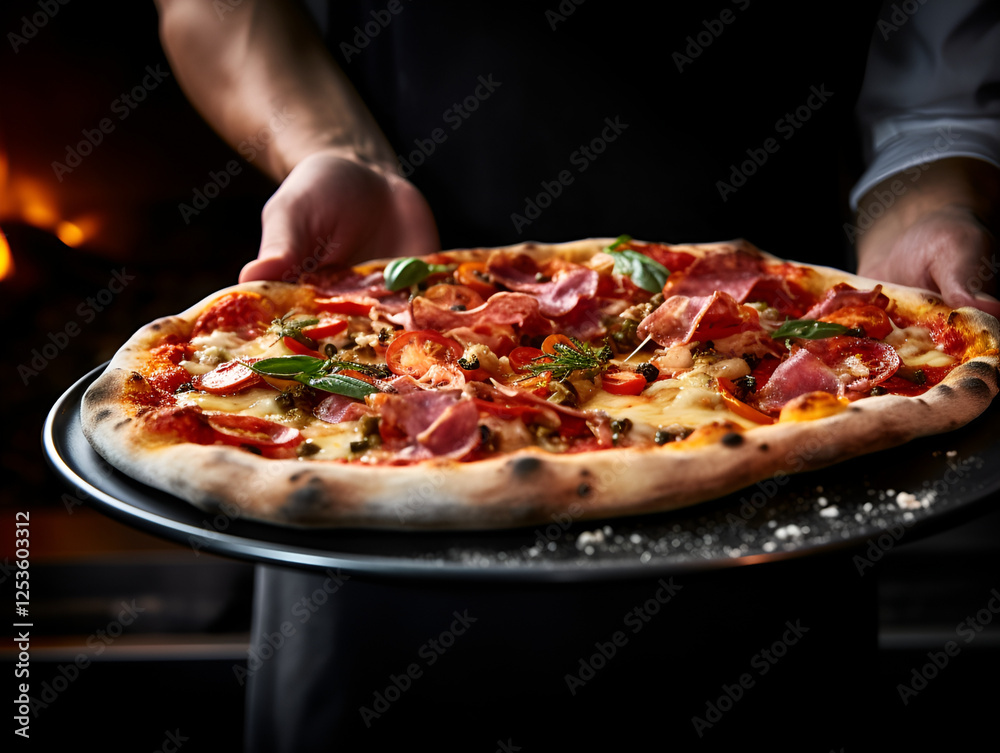 Woman Holding a Freshly Baked Fire-Grilled Pizza with Toppings Woman Holding a Freshly Baked Fire-Grilled Pizza with Toppings