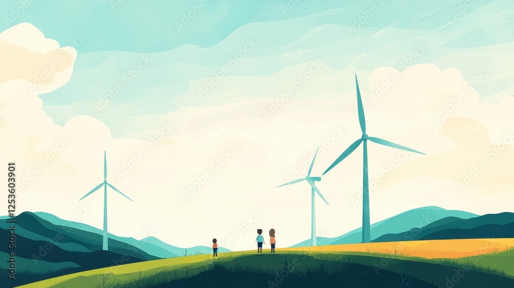 Fototapeta premium Family Enjoying Scenic View with Wind Turbines on Green Hillside