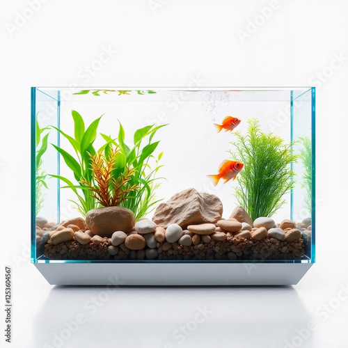Colorful fish swim in a square glass  aquarium