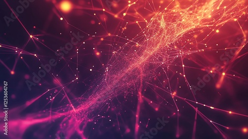 Abstract geometric network of connected dots and lines in shades of red and pink