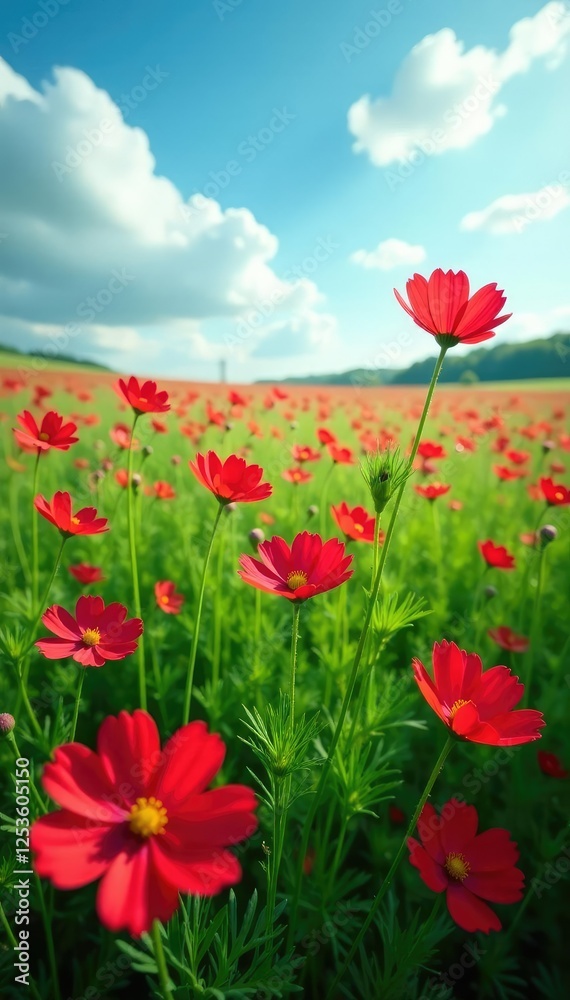 Fototapeta premium Red cosmos stems stretch towards the sky amidst a sea of green, stem, field, cosmos