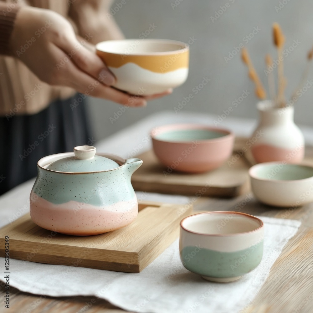 Elegant tea set arranged on a wooden tray with pastel colors and ceramic bowls in a cozy indoor setting. Generative AI