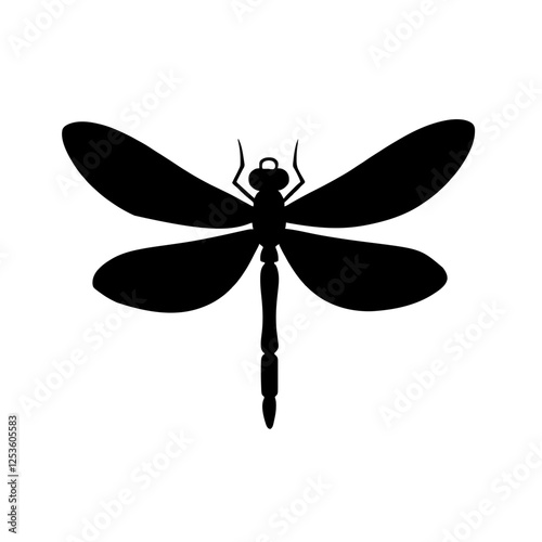 Minimalist black silhouette of a dragonfly with symmetrical wings on a white background