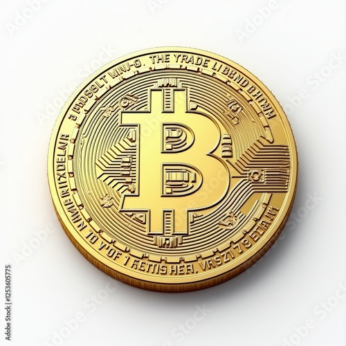 Close-Up of a Detailed Bitcoin Coin in Shimmering Gold Finish on a White Background, Ideal for Representing Cryptocurrency Themes, Digital Investment, and Modern Finance Concepts 