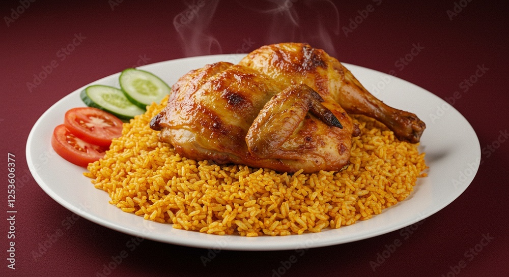 Serving of Roasted Chicken with Rice and Vegetables on Plate Serving of Roasted Chicken with Rice and Vegetables on Plate