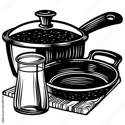 Cookware, cast iron cooking pot, nonstick pan, and glass