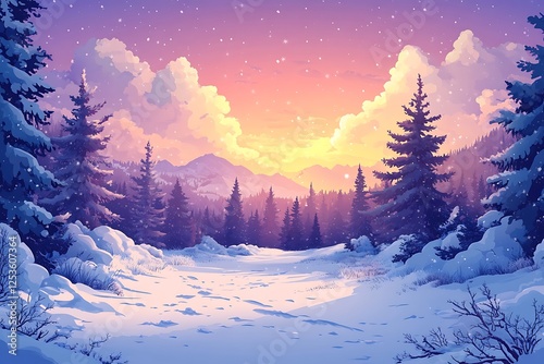 Peaceful Snowy Dawn Evergreen Forest View