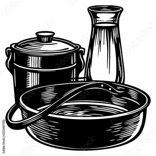 Cookware, cast iron cooking pot, nonstick pan, and glass