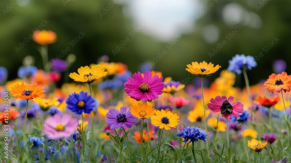 Fototapeta premium Colorful wildflowers in a meadow. Possible use for a nature-themed stock photo