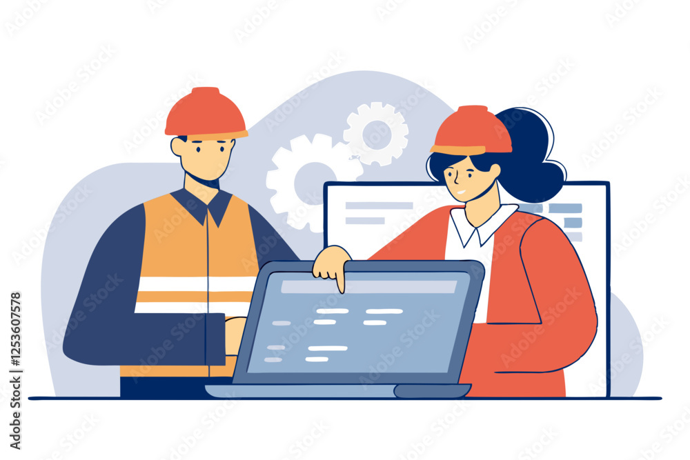 Construction workers using a tablet to monitor project progress Construction workers using a tablet to monitor project progress