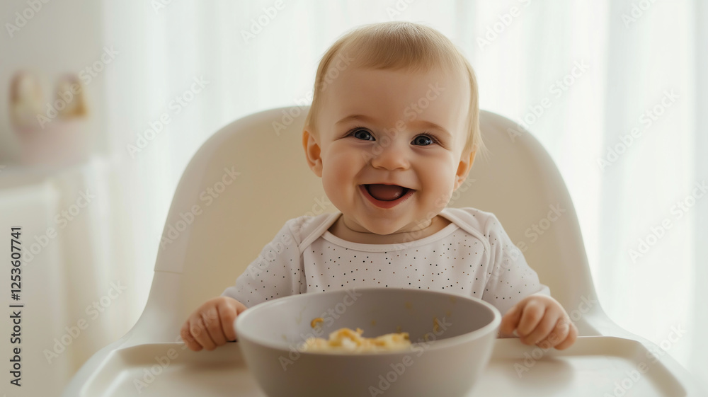 Happy baby enjoying a meal in high chair: smiling and ready for more Happy baby enjoying a meal in high chair: smiling and ready for more