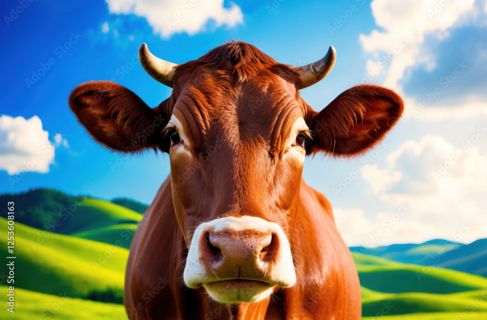 A calm portrait of a cow against the background of green hills and blue sky, exuding an atmosphere of peace. A calm portrait of a cow against the background of green hills and blue sky, exuding an atmosphere of peace.