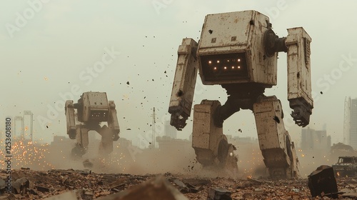 Giant Robots Walking Through Dusty Urban Environment at Dusk