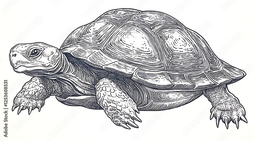 Fototapeta premium Detailed illustration of a turtle crawling on a flat surface with intricate shell patterns