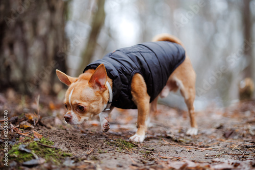 Schilderij op canvas Chihuahua dog in jacket sniffing ground in park