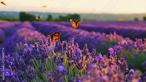 Beautiful butterflies fluttering over vibrant lavender fields during golden hour in spring, Butterflies dance gracefully above blooming lavender flowers in a picturesque field during the golden hour. 