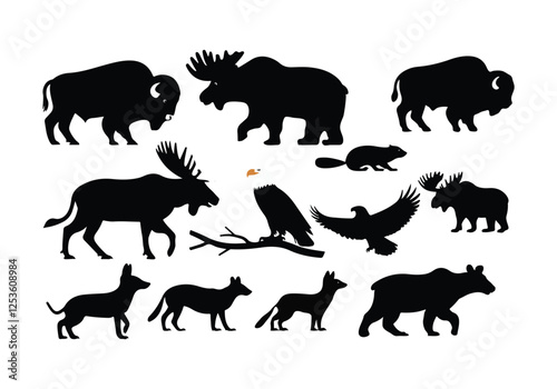 A fresh, modern silhouette vector illustration on a depicting North American animals bison, grizzly bear, moose, mountain lion, bald eagle, beaver,