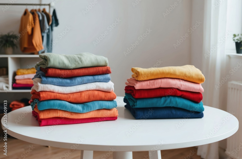 Knitted clothes stack: Colorful folds, wooden table, blue background, empty space for text. Cozy textiles. Knitted clothes stack: Colorful folds, wooden table, blue background, empty space for text. Cozy textiles.