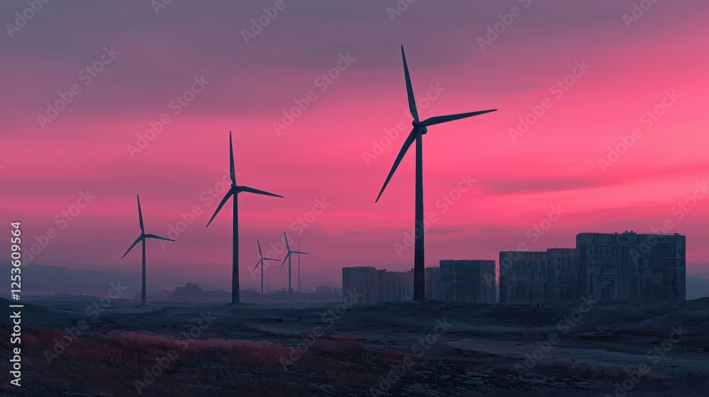 Obraz premium Wind Turbines Against Vibrant Pink Sunset Sky in Rural Landscape