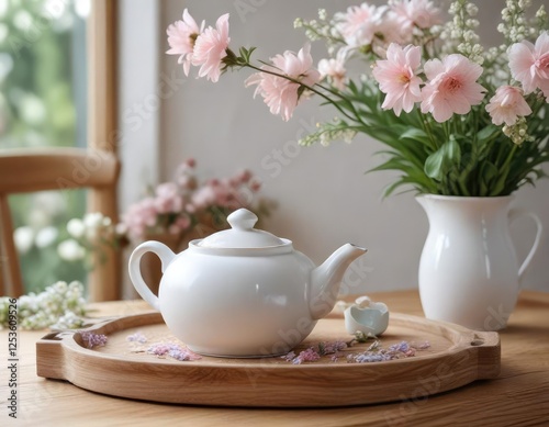 White porcelain teapot with blooming flowers in soft pastel colors on wooden tray, flowers, pastel colors, porcelain, wooden tray, white