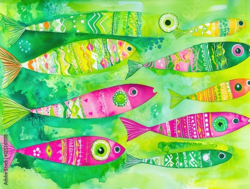 Vibrant Watercolor Illustration of Colorful Fish with Decorative Patterns Swimming in Blue Green Background