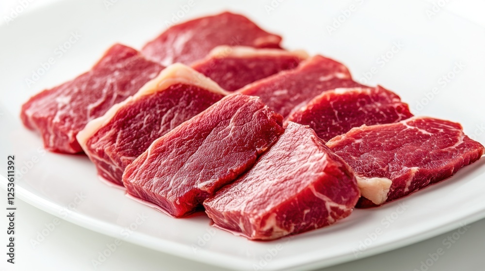 Premium Raw Meat Slices Neatly Stacked on White Plate for Culinary Delight
