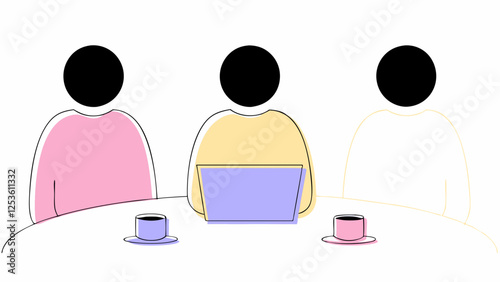 Three faceless individuals, depicted in pastel colors, sit around a table. One has a laptop in front of them, while the others have cups of coffee.AI