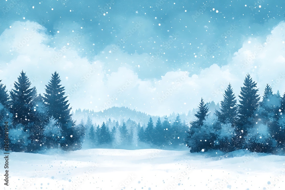 Fototapeta premium Blue Winter Snowfall Scene Pastel Pine Forest Backdrop