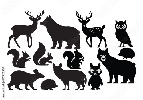 A vector illustration of a fresh and clean silhouette of forest animals against a white background. The animals include a deer, fox, bear, wolf, squirrel, raccoon, owl, and hedgehog