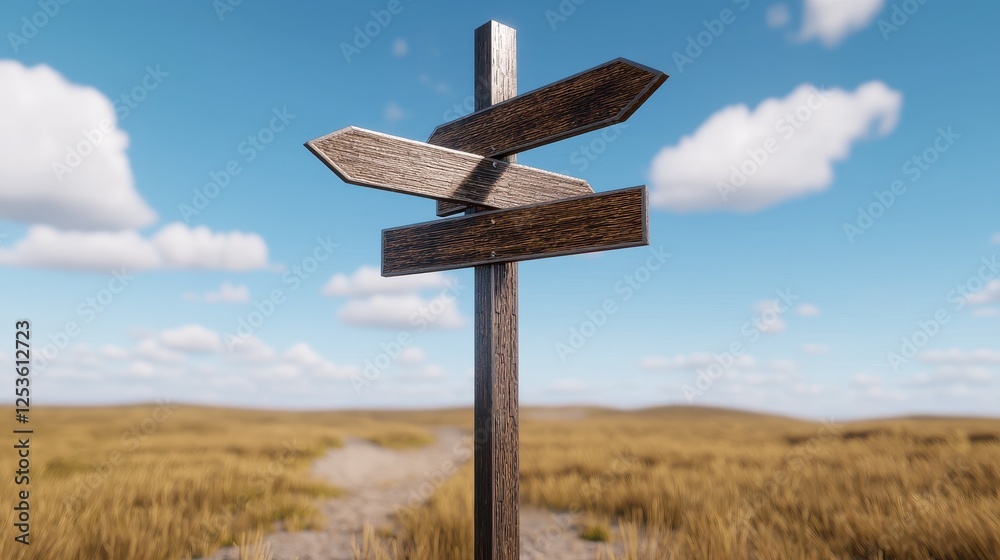 Rustic Wooden Signpost Multiple Directions Choices Path Decision Field Landscape Rustic Wooden Signpost Multiple Directions Choices Path Decision Field Landscape