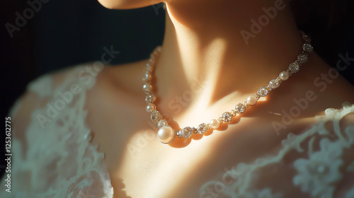 Woman neck wearing a necklace with perl and diamond gemstone