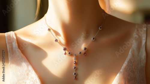 Woman neck wearing a necklace with perl and diamond gemstone
