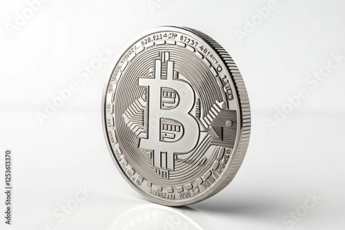 Close-Up of Detailed Bitcoin Coins in Shimmering  Platinum Finishes on a White Background, Ideal for Representing Cryptocurrency Themes, Digital Investment, and Modern Finance Concepts 