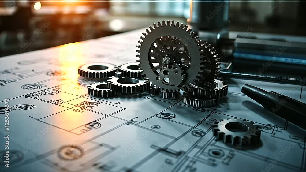A close-up of a technical drawing board displaying a precise schematic of interconnected gears, with engineering annotations and workflow diagrams.