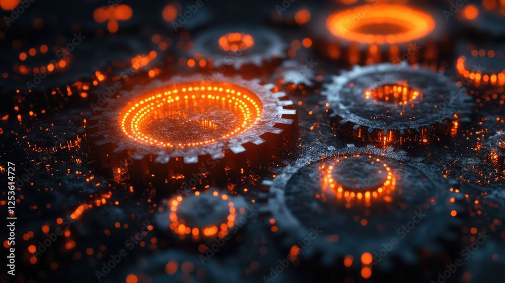 A close-up of glowing gears with an industrial design, highlighting technology and mechanics. A close-up of glowing gears with an industrial design, highlighting technology and mechanics.