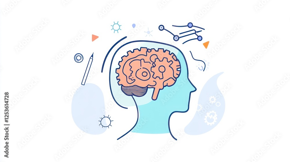 Human head with brain gears, abstract background, illustration, conceptual art, thinking process Human head with brain gears, abstract background, illustration, conceptual art, thinking process