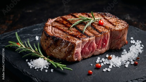 Saftiges Rindersteak medium gebraten mit Rosmarin und grobem Meersalz dekoriert